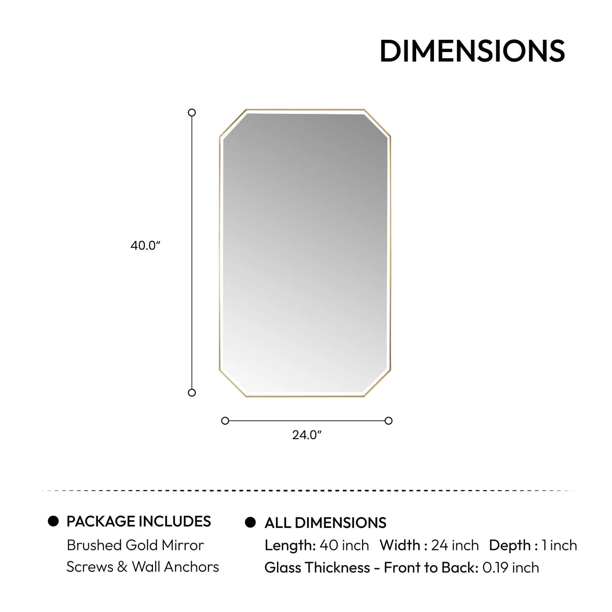 Oak Natural Brown vanity octagon mirror size graphic with the package contents