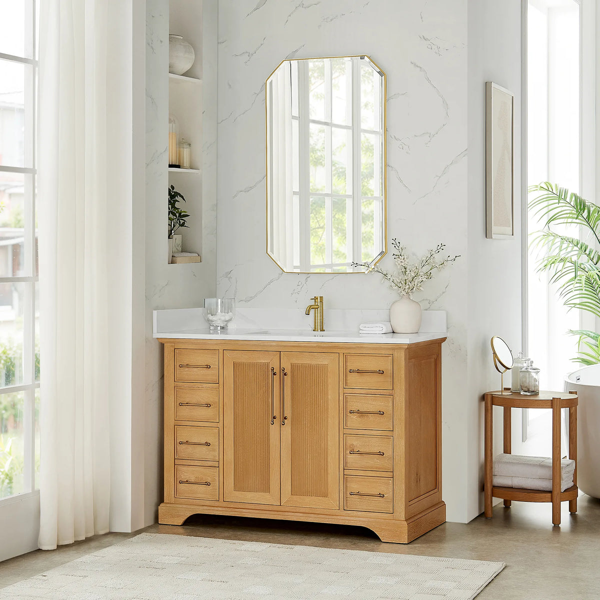 48 inch single vanity in Oak Natural Brown in a bathroom with a round wooden side table nearby