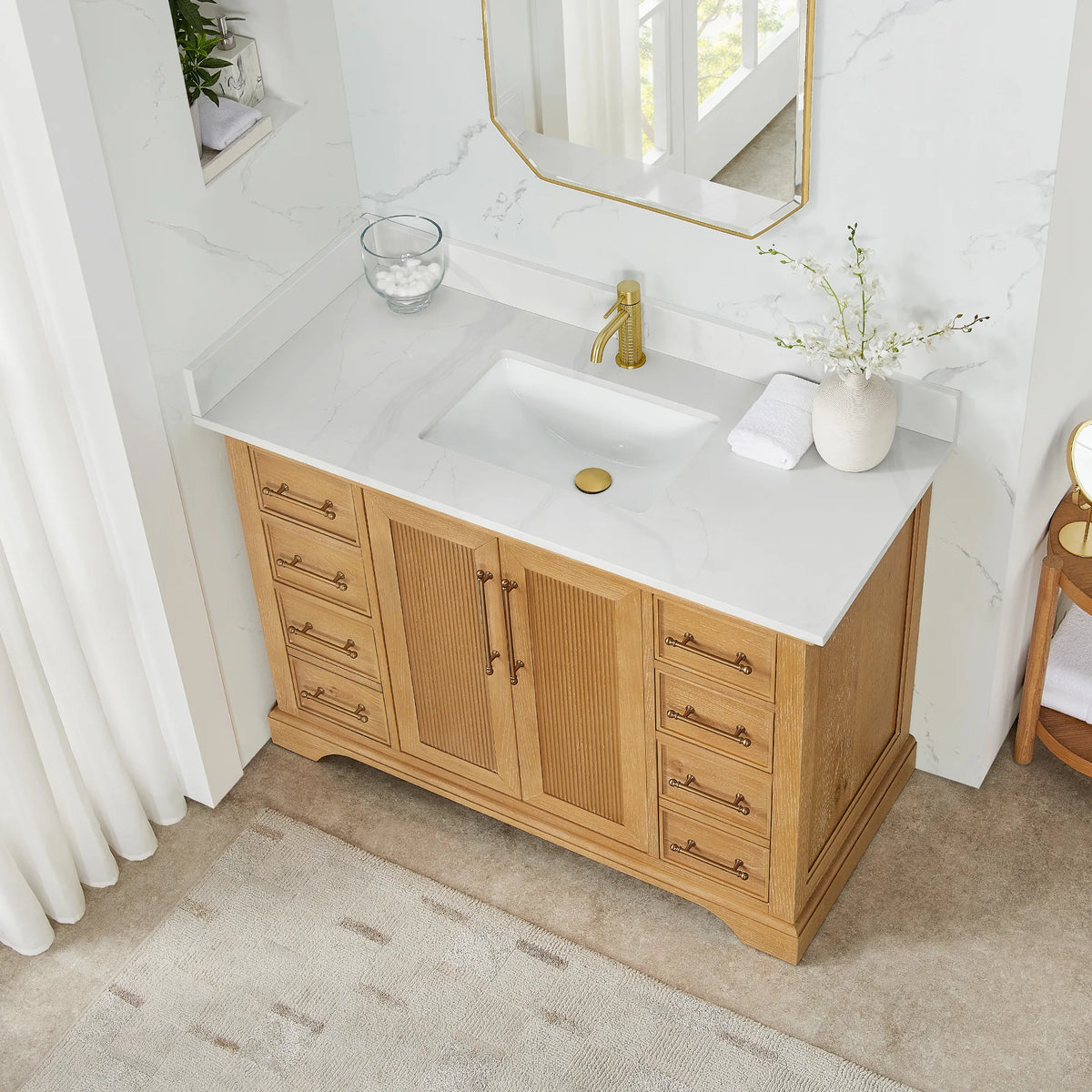 High-angle view of the 48 inch single vanity in Oak Natural Brown, showing the Silk White Quartz top and sink