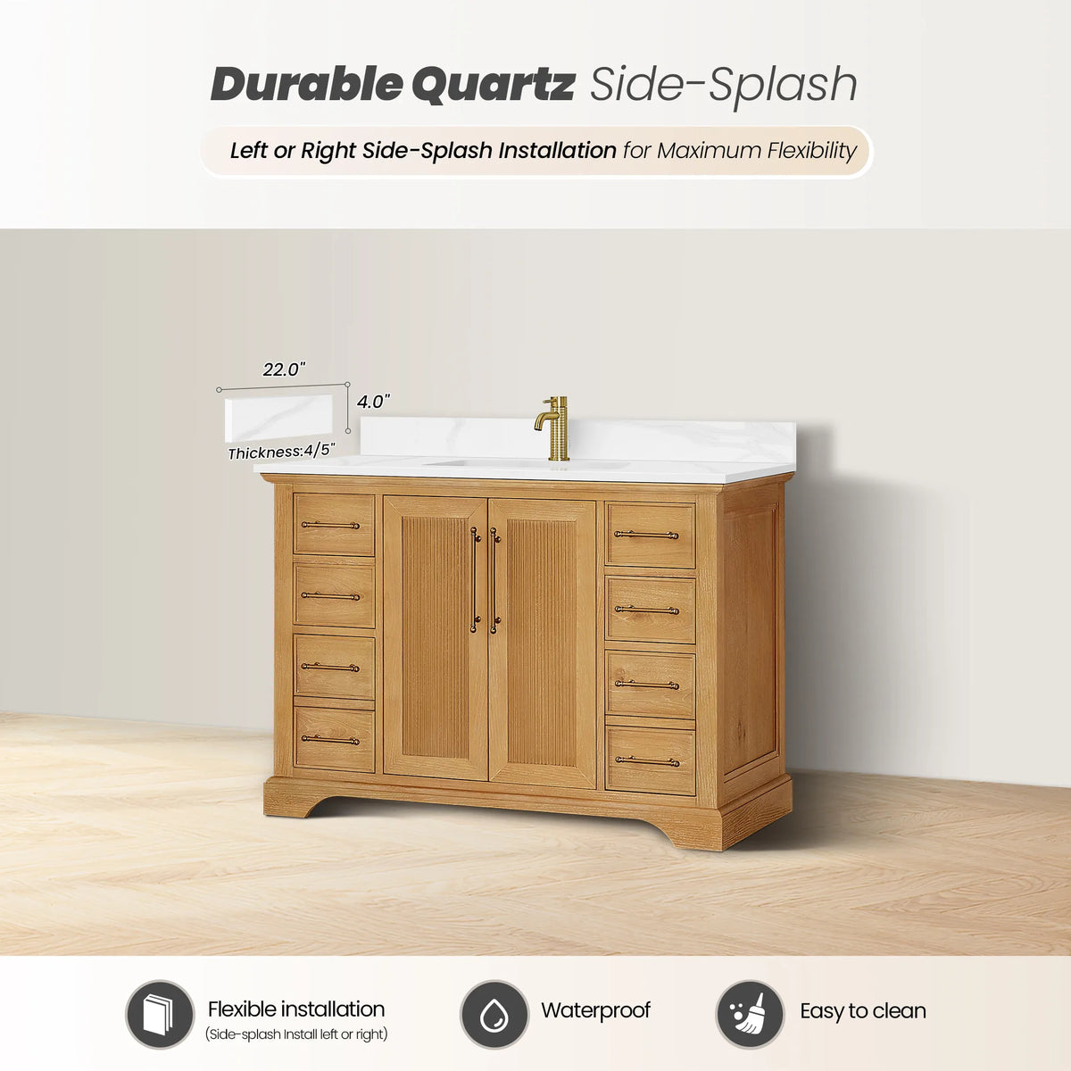 Side-splash callout: the top installs on either side and is waterproof and easy to clean, 48 inch width