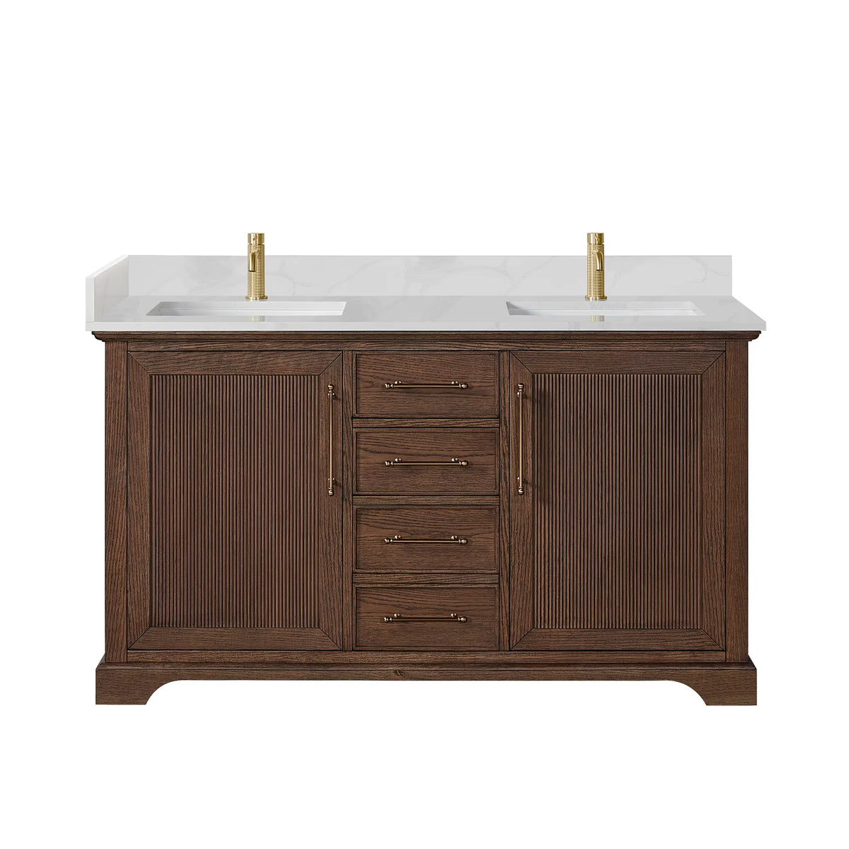 Double bath vanity in Aged Dark Brown Oak on white, pictured with a faucet that is not included