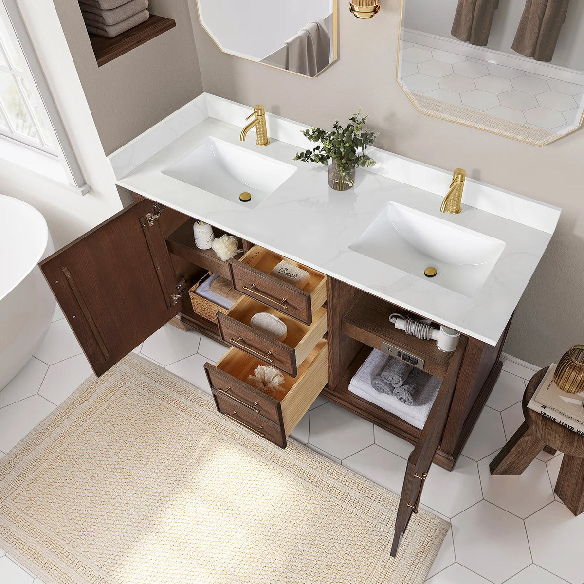 Room view of a 60 inch double vanity with doors and drawers open, from above