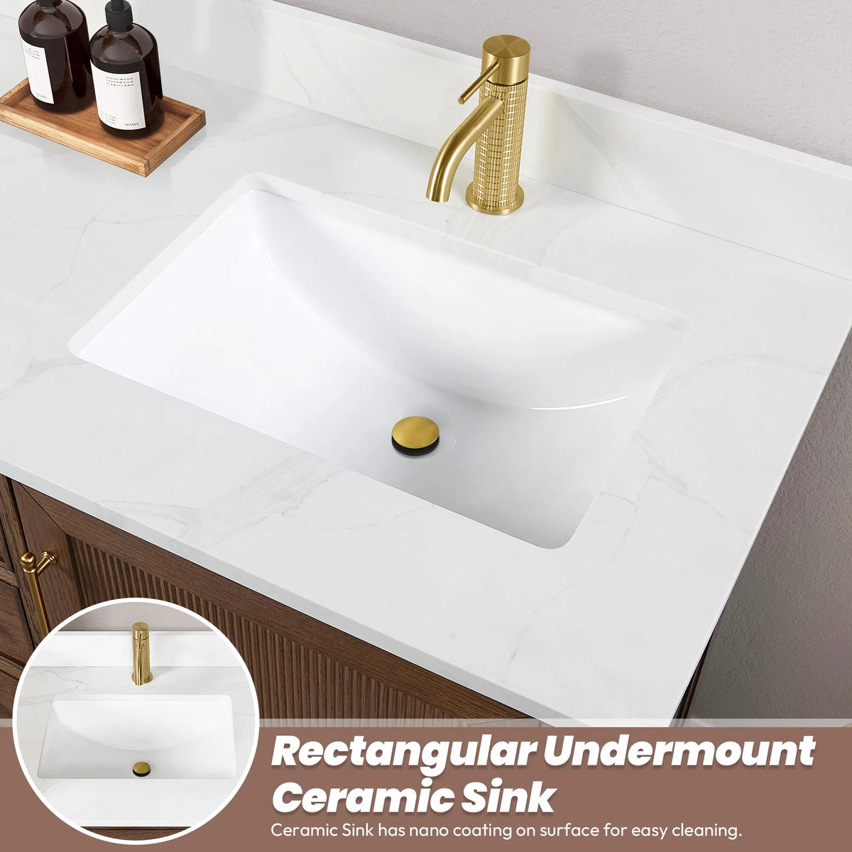 Callout for the rectangular undermount ceramic sink, Silk White Quartz vanity top, 60 inch width