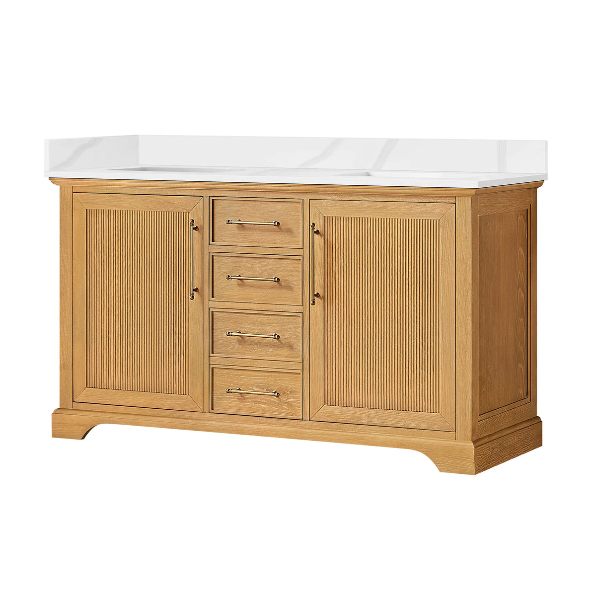Oak Natural Brown double bathroom vanity, 60 inches wide, with a Silk White Quartz top and gold handles