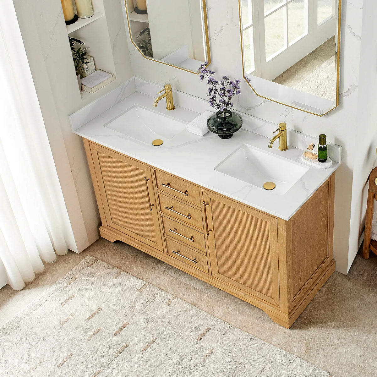 High-angle view of the 60 inch double vanity in Oak Natural Brown, showing the Silk White Quartz top and sink