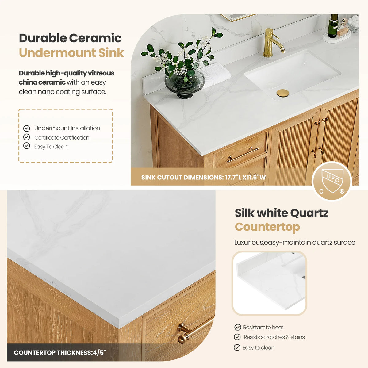 Info panel: durable ceramic undermount sink and Silk White Quartz countertop on the 60 inch Oak Natural Brown vanity