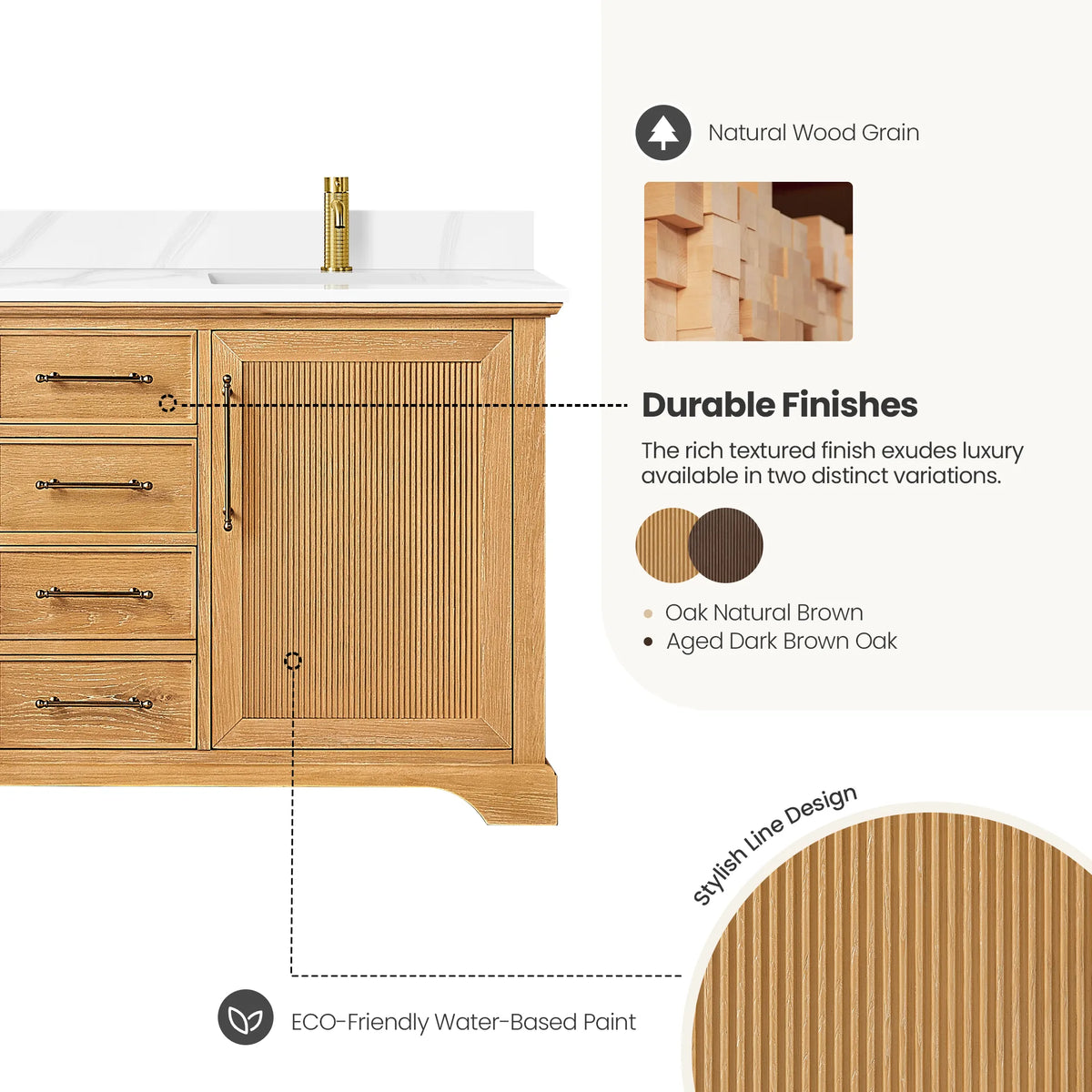 Durable finishes panel for the 60 inch Oak Natural Brown double vanity with a fluted line detail