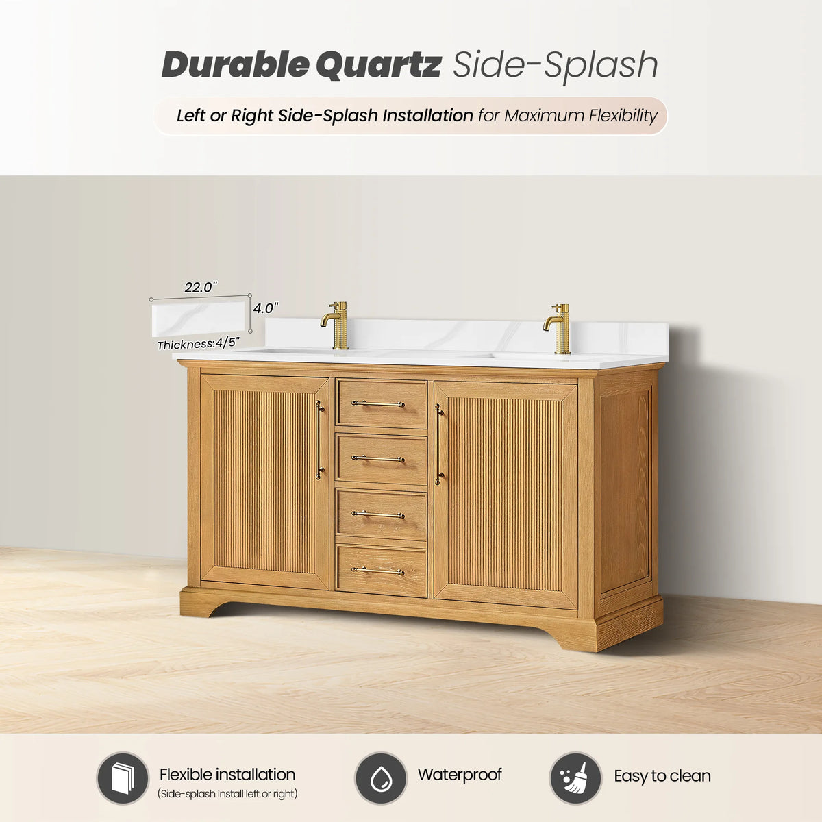 Side-splash callout: the top installs on either side and is waterproof and easy to clean, 60 inch width