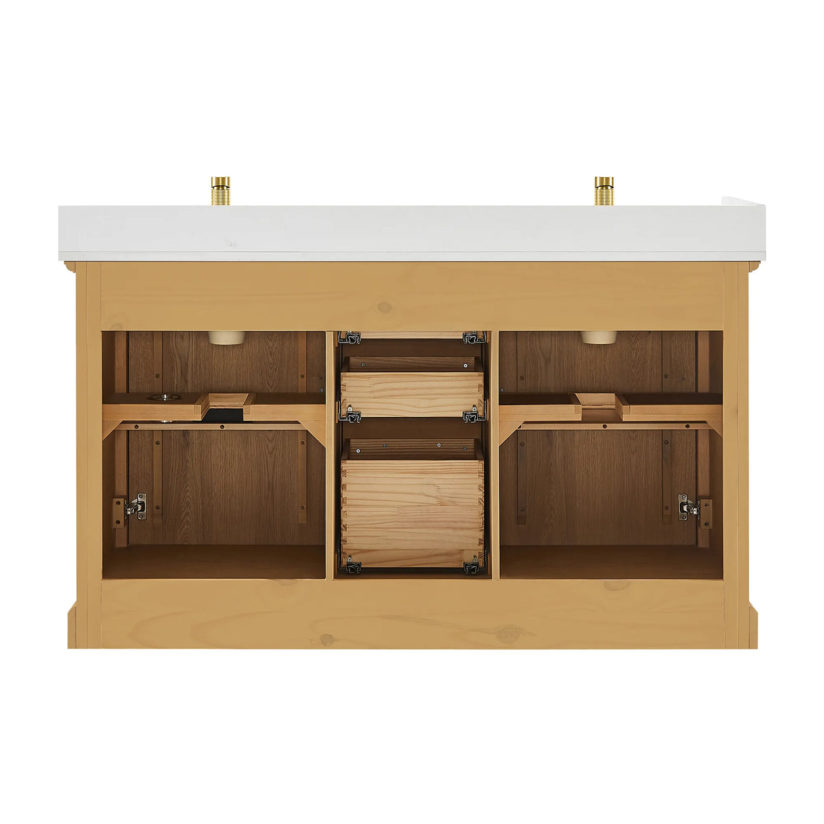 Cabinet interior of the 60 inch double vanity with doors and drawers taken out