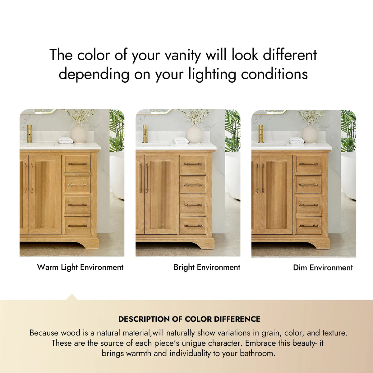 Lighting comparison: Oak Natural Brown vanity in warm, bright and dim environments