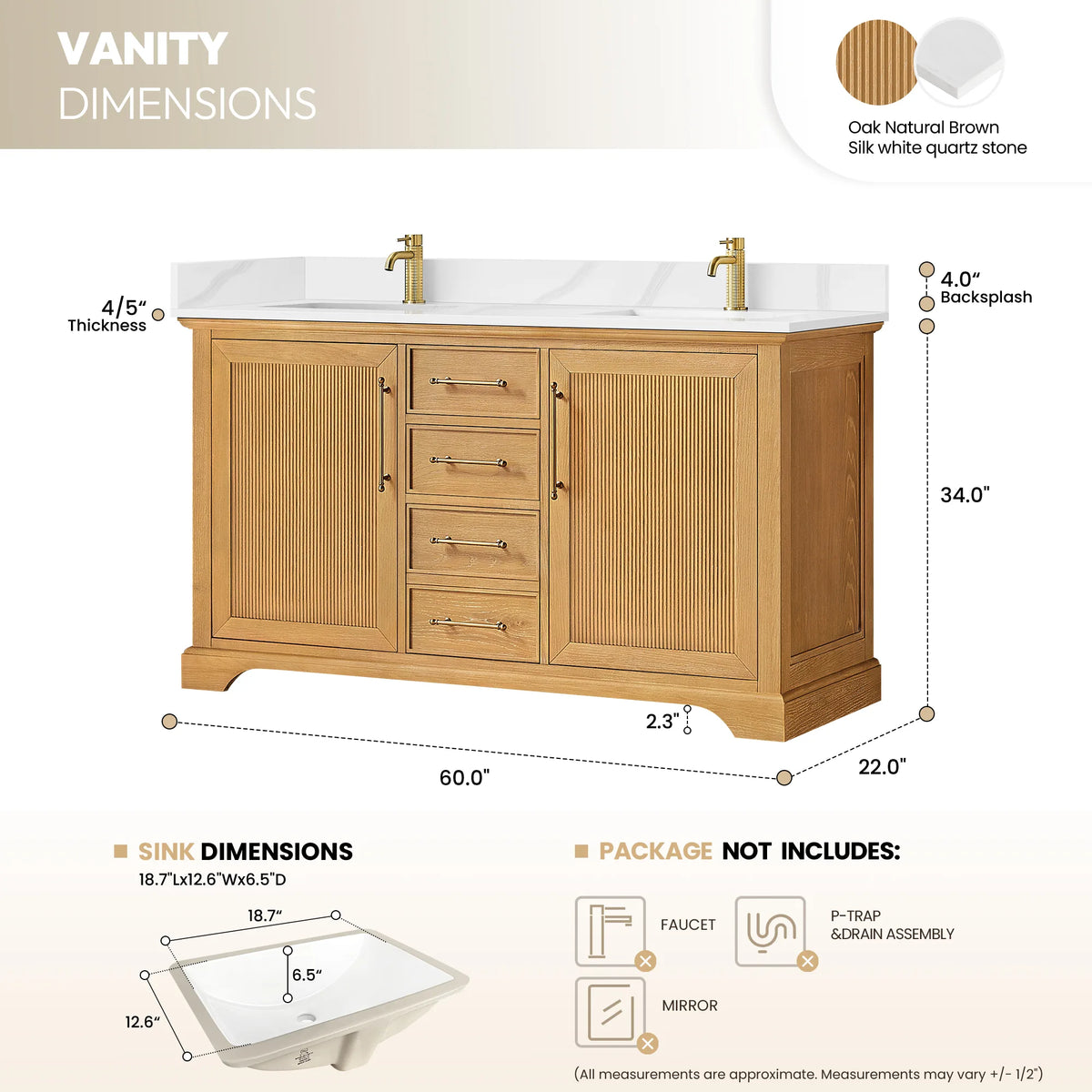 Dimensions drawing, 60 x 22 x 34 inches, for the double vanity with sink dimensions noted