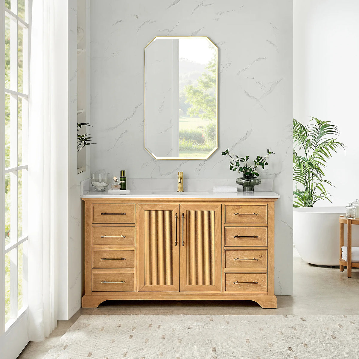 Bathroom scene with an octagonal mirror and a 60 inch single vanity, marble-look walls and tall windows