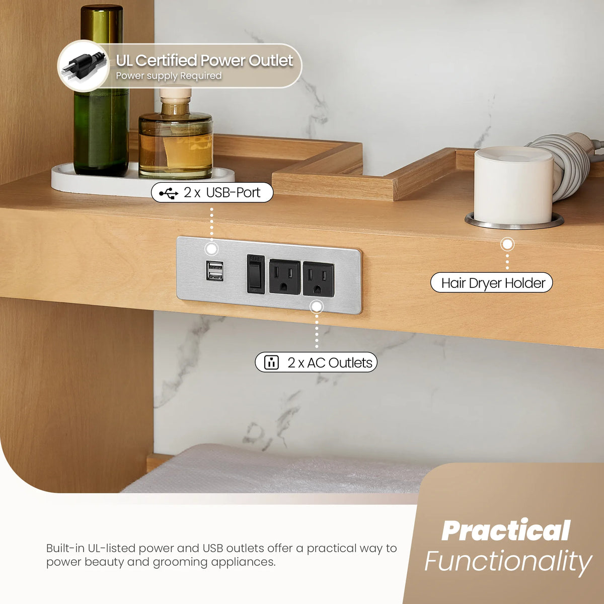 Interior shelf of the 60 inch Oak Natural Brown vanity with USB and power outlets plus a hair dryer organizer