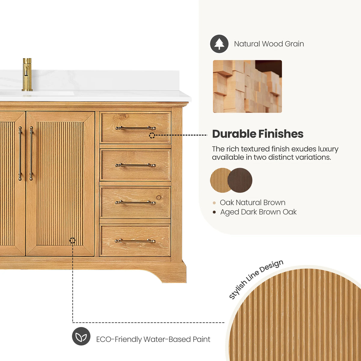Finish callout showing natural wood grain and the fluted Oak Natural Brown panel, 60 inch width