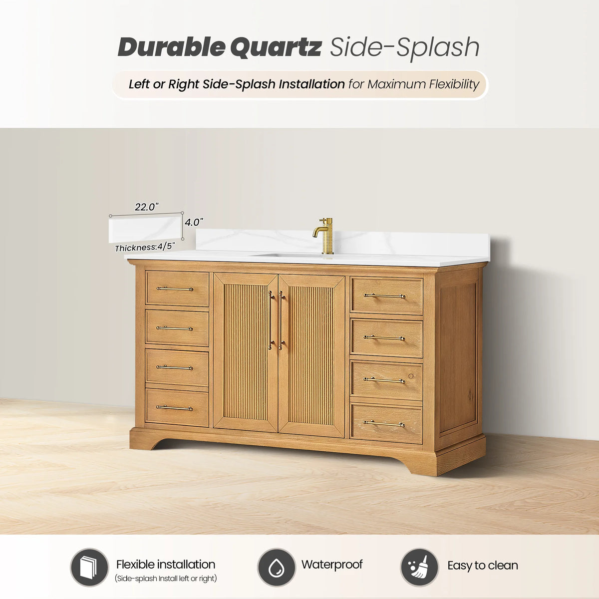 Flexible side-splash installation shown on a 60 inch single vanity in Oak Natural Brown