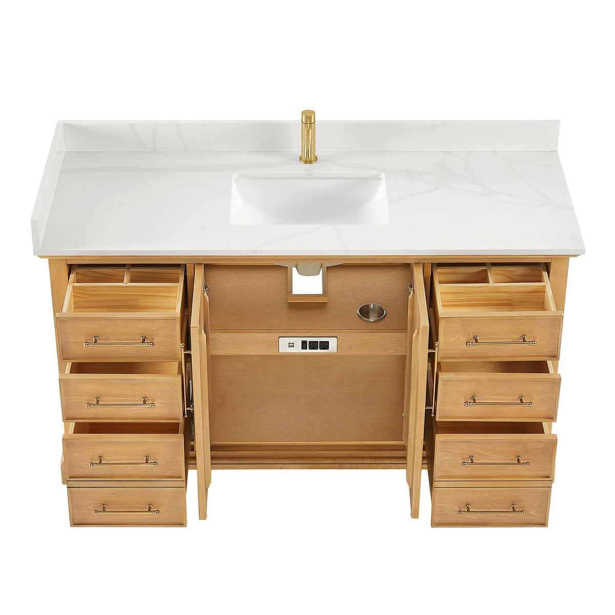 Open storage on a plain background, single vanity in Oak Natural Brown, 60 inch width