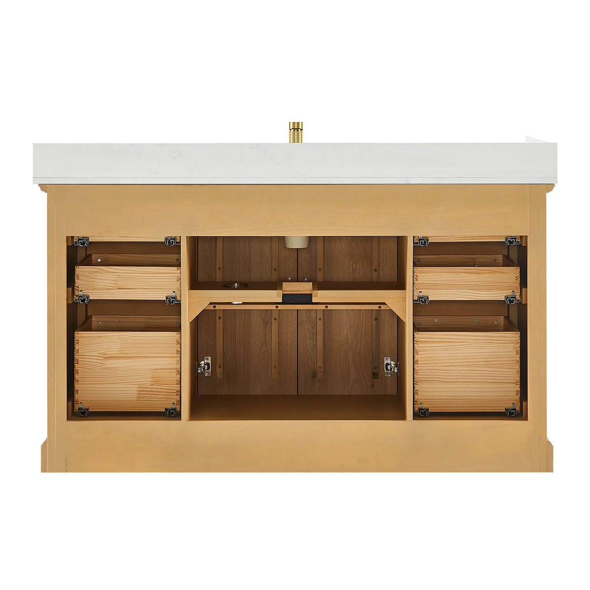 Shelving and open back inside a 60 inch Oak Natural Brown single vanity, front view