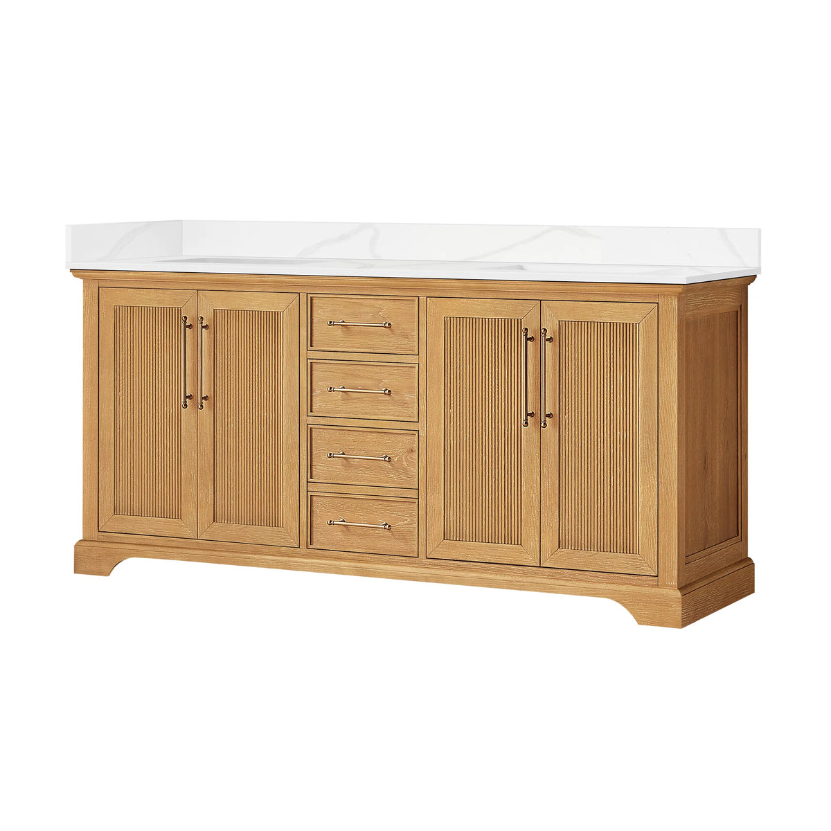 Freestanding double bathroom vanity, 72 inches wide, finished in Oak Natural Brown under a Silk White Quartz top