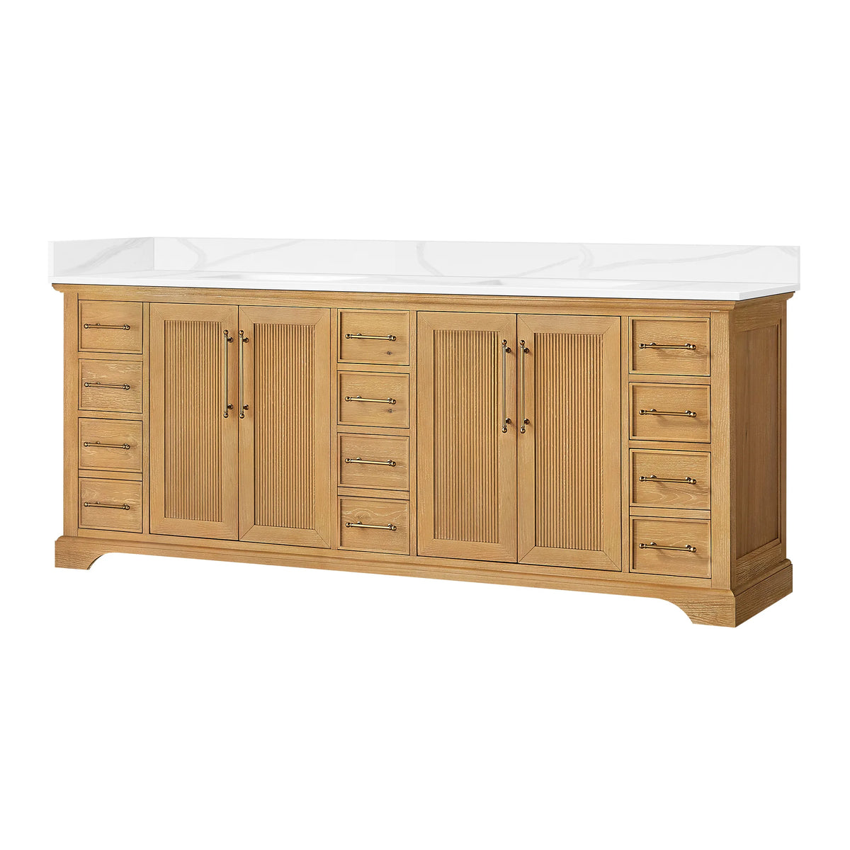 Oak Natural Brown double bathroom vanity, 84 inches wide, with a Silk White Quartz top and gold handles
