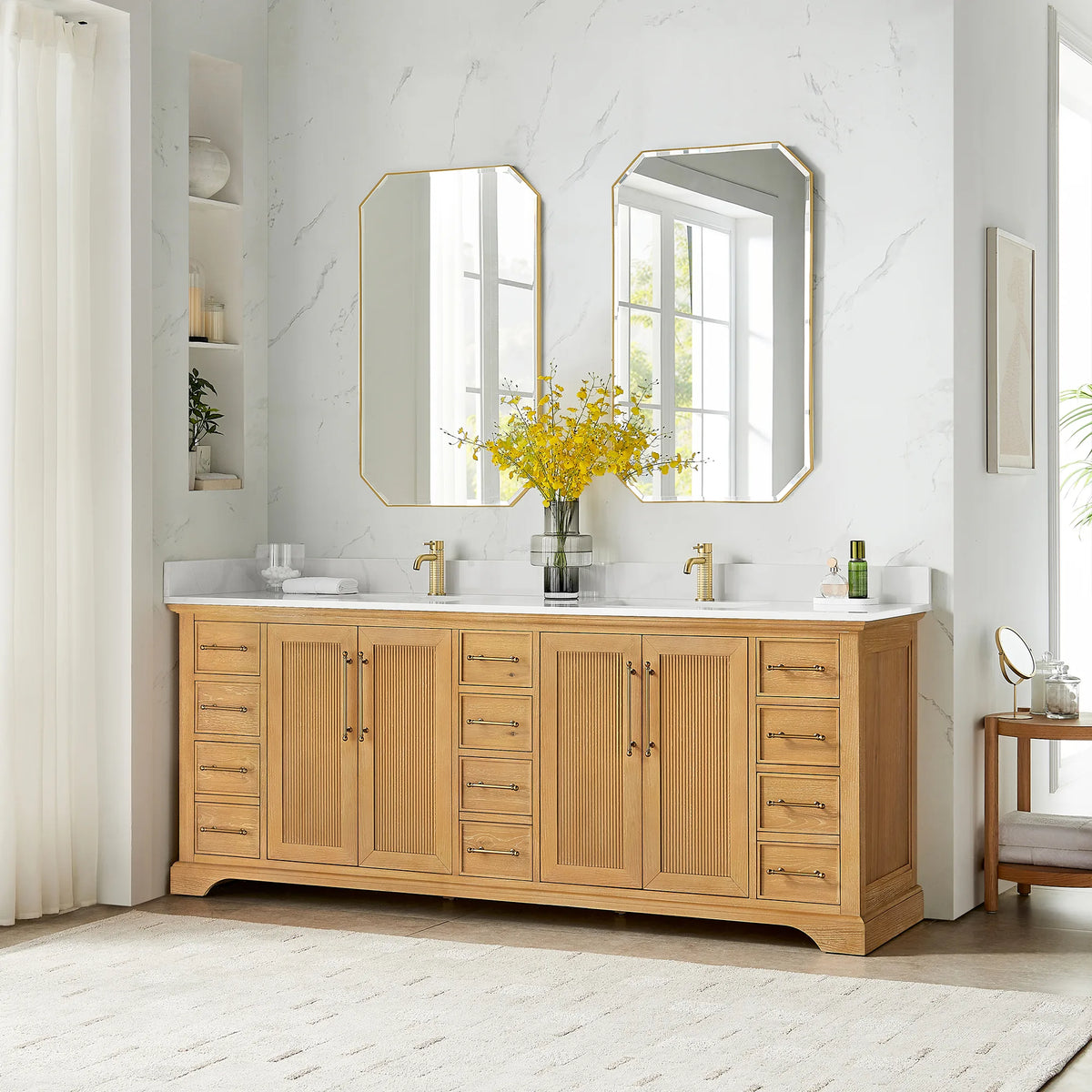 84 inch double vanity in Oak Natural Brown in a bathroom with a round wooden side table nearby