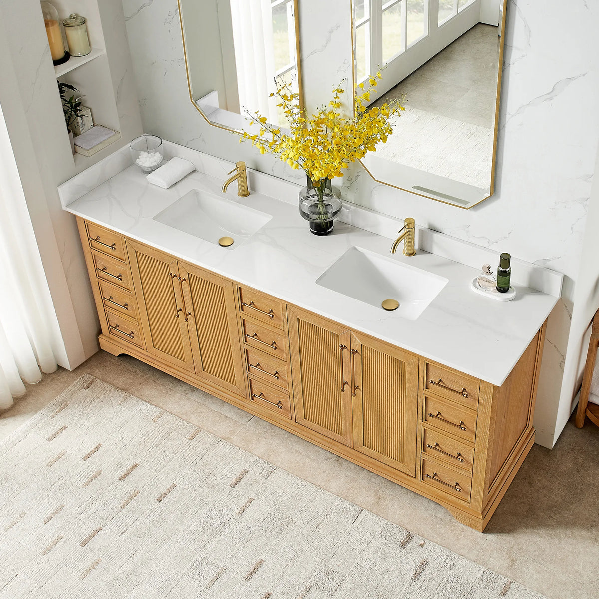 High-angle view of the 84 inch double vanity in Oak Natural Brown, showing the Silk White Quartz top and sink