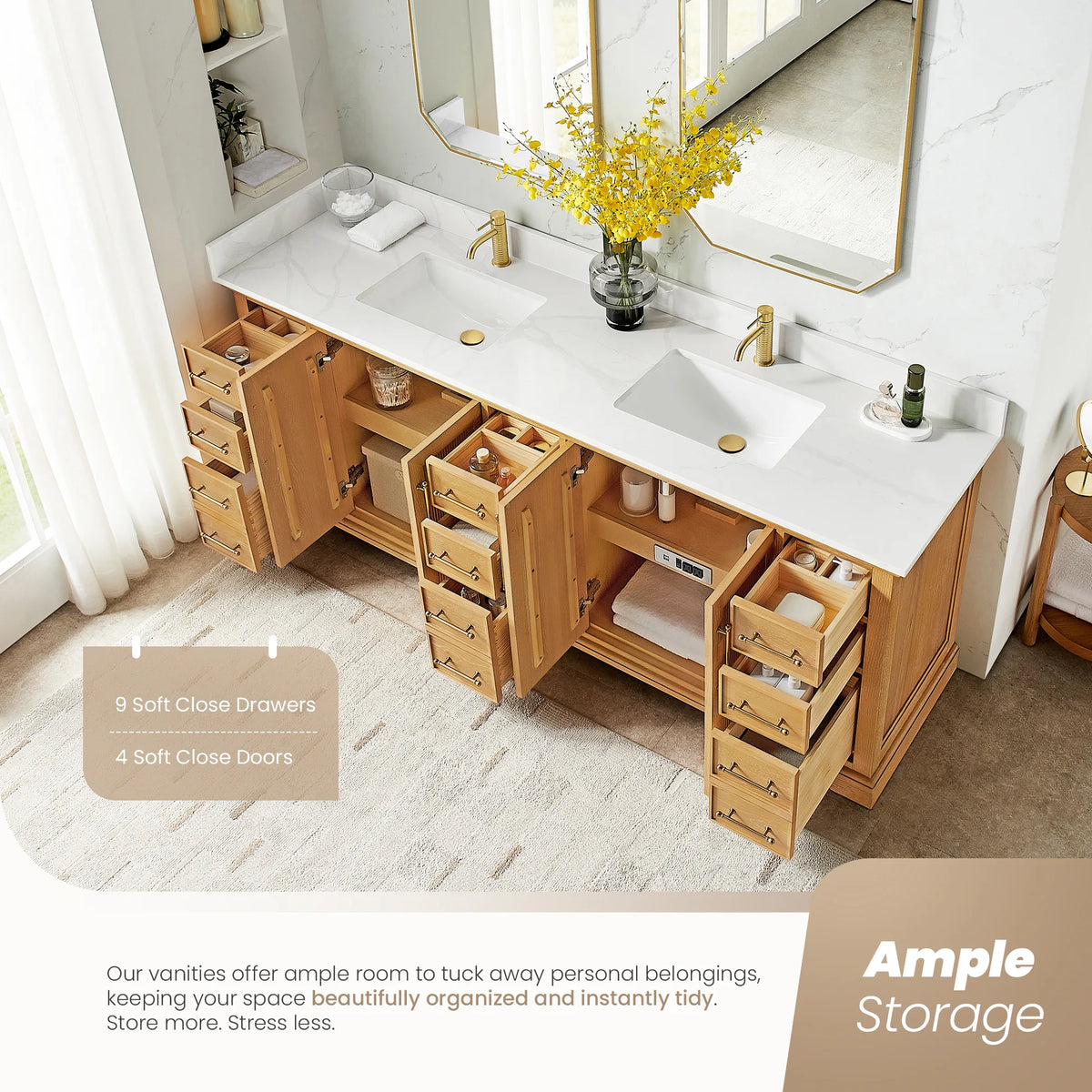 Room view from above of an 84 inch Oak Natural Brown double vanity with doors and drawers open