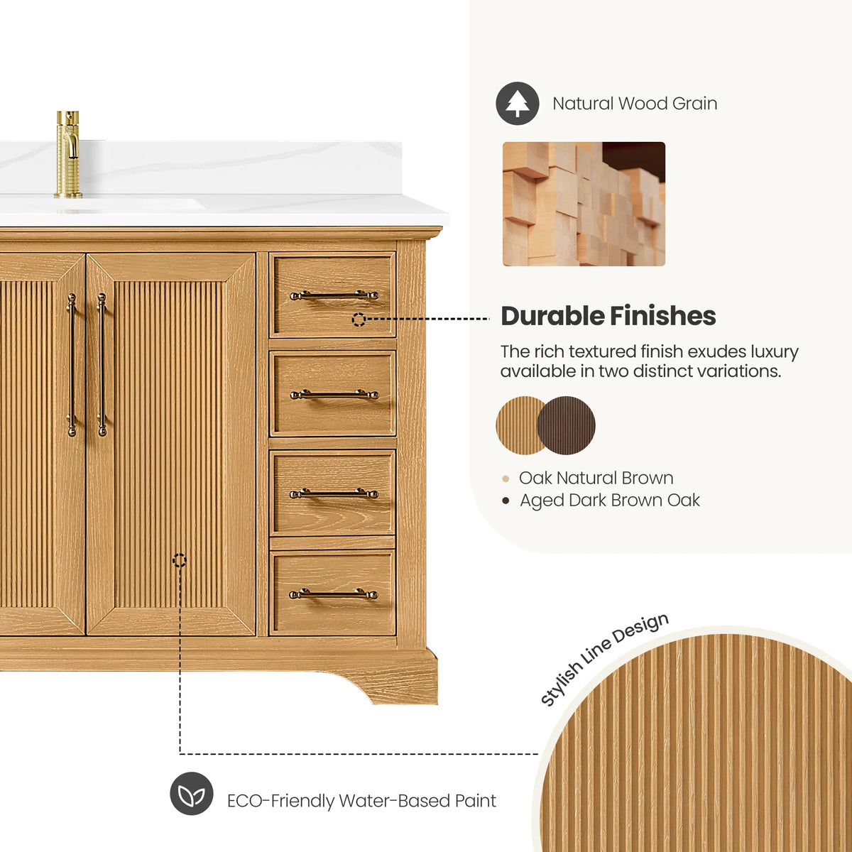 Durable finishes panel for the 84 inch Oak Natural Brown double vanity with a fluted line detail