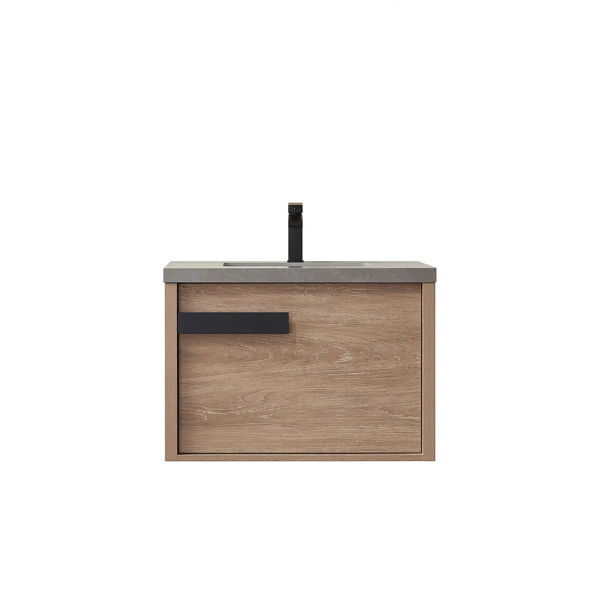 North American Oak 30 inch floating single bathroom vanity with sintered stone and a white undermount sink, shown on white