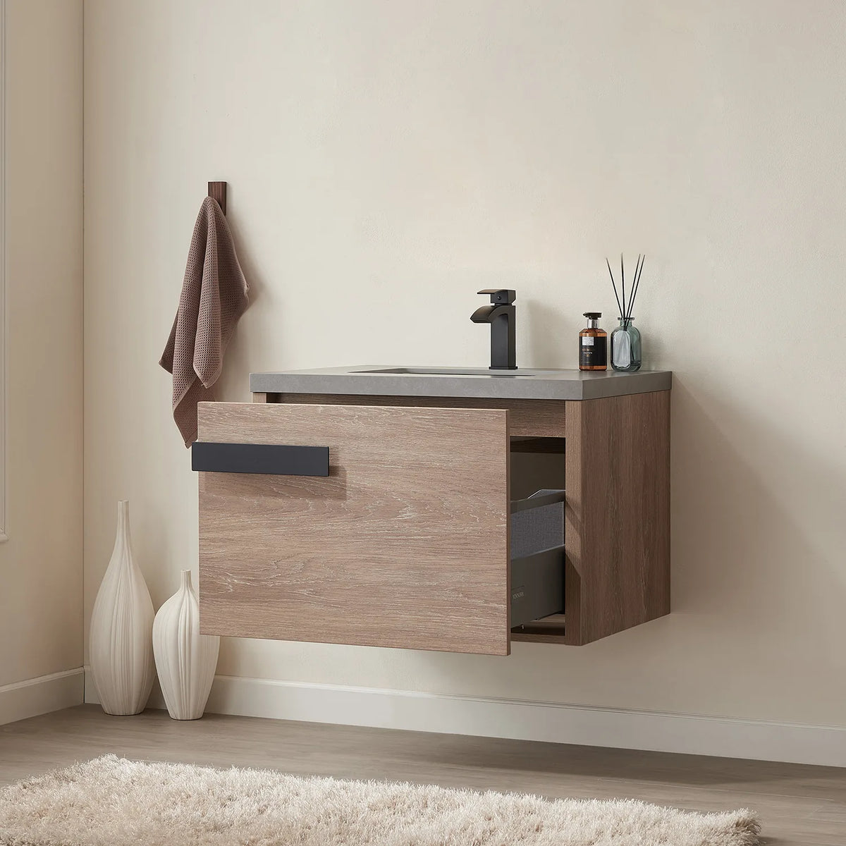 Single drawer extended, grey inner tray with room for bottles