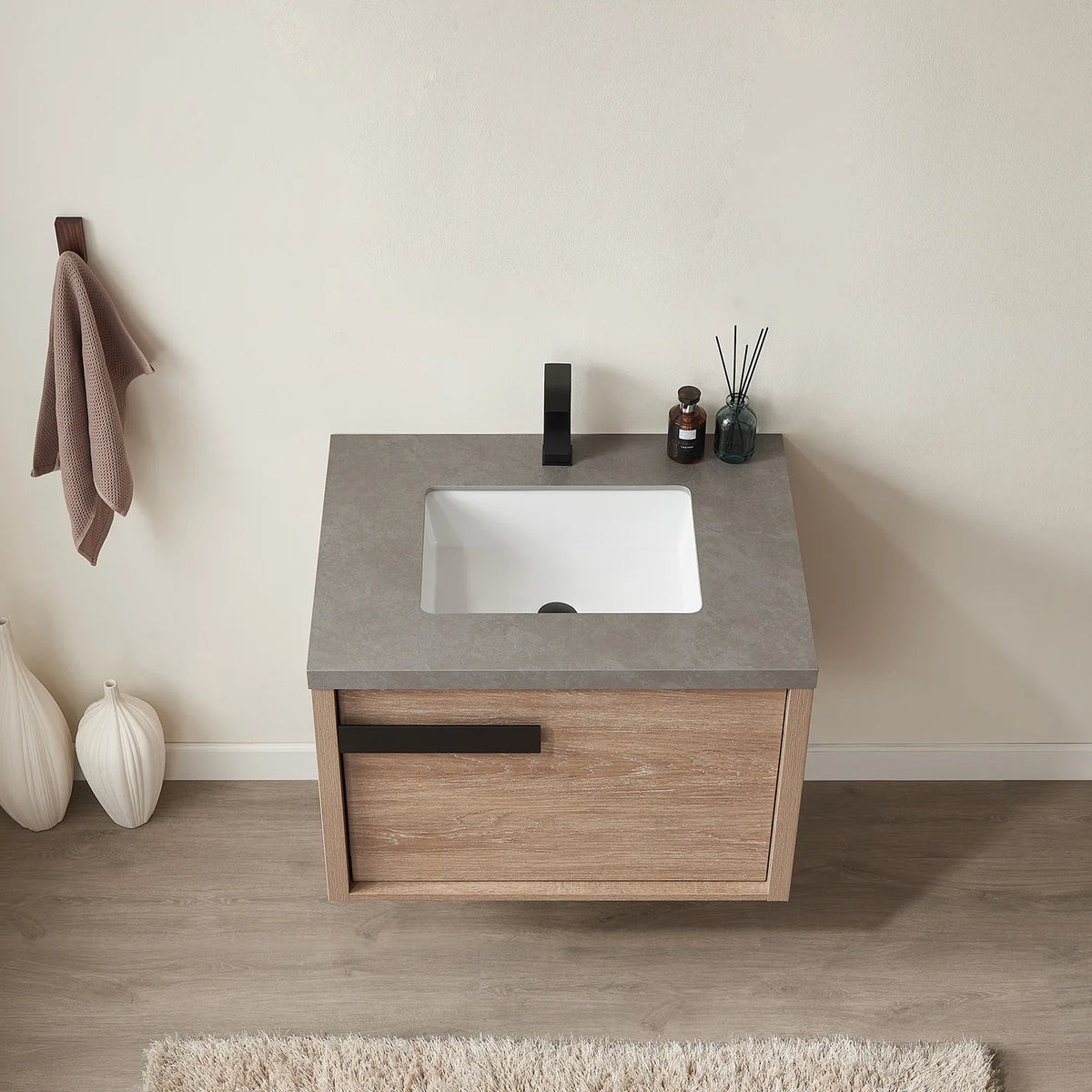Top-front view of the rectangular sink centered on the stone top