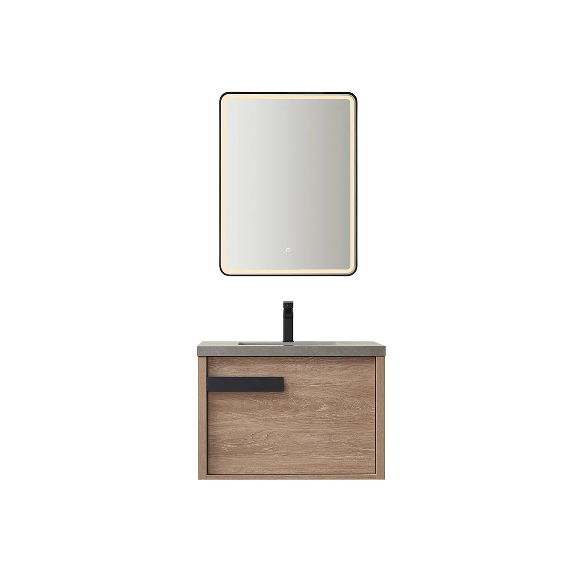 Black-framed LED mirror above the wall-hung vanity, front-on against white