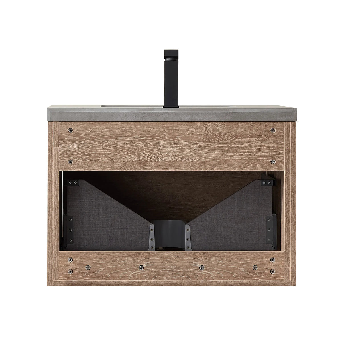 Rear of the cabinet on white, back left open with the drawer box inside