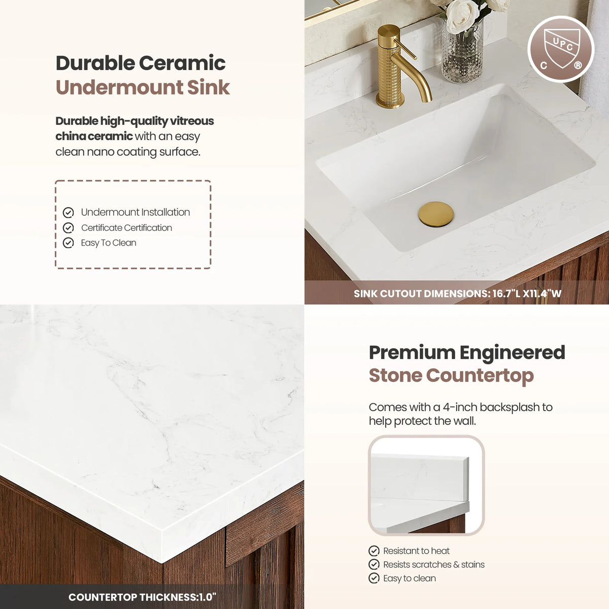 Sink cutout and 1.0 inch countertop thickness callouts on the 24-inch Aged Dark Brown Oak vanity