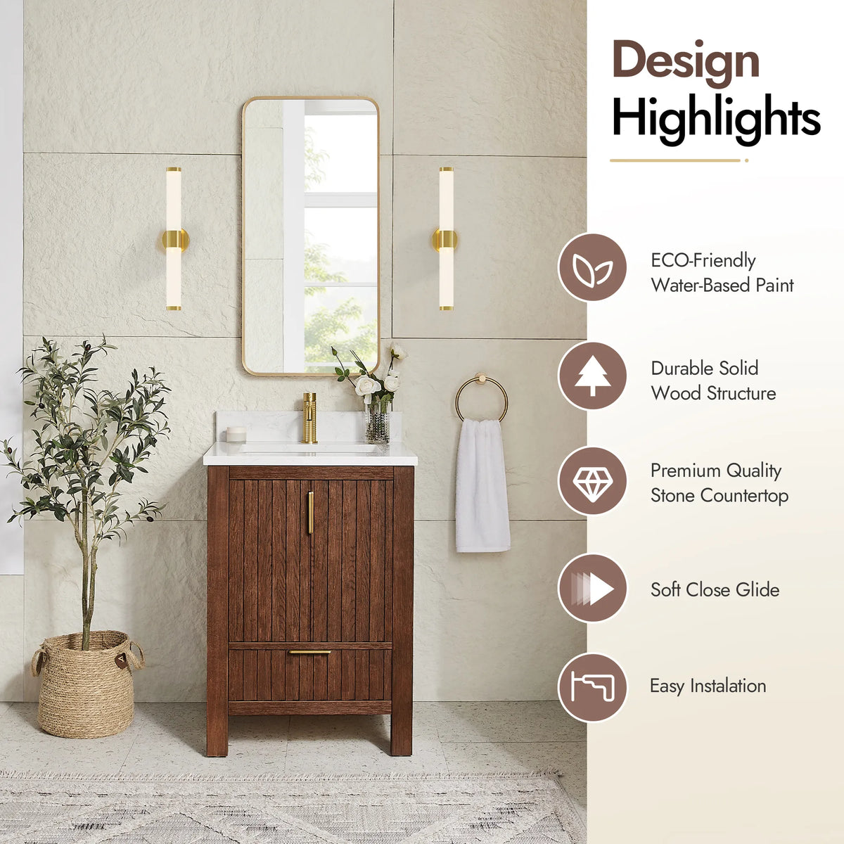 Highlights panel for the 24-inch Aged Dark Brown Oak vanity: eco-friendly paint and a solid wood build