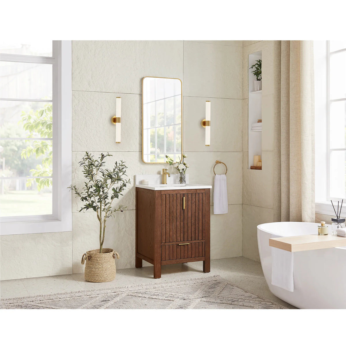 Bathroom with a soaking tub and large windows around the 24-inch Aged Dark Brown Oak vanity with a legged base