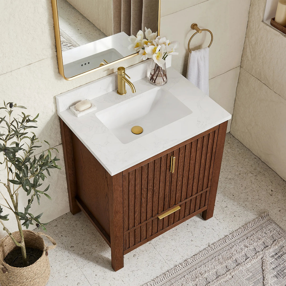 Top-down angle: a stone-composite top and ceramic undermount basin on the 30-inch Aged Dark Brown Oak cabinet
