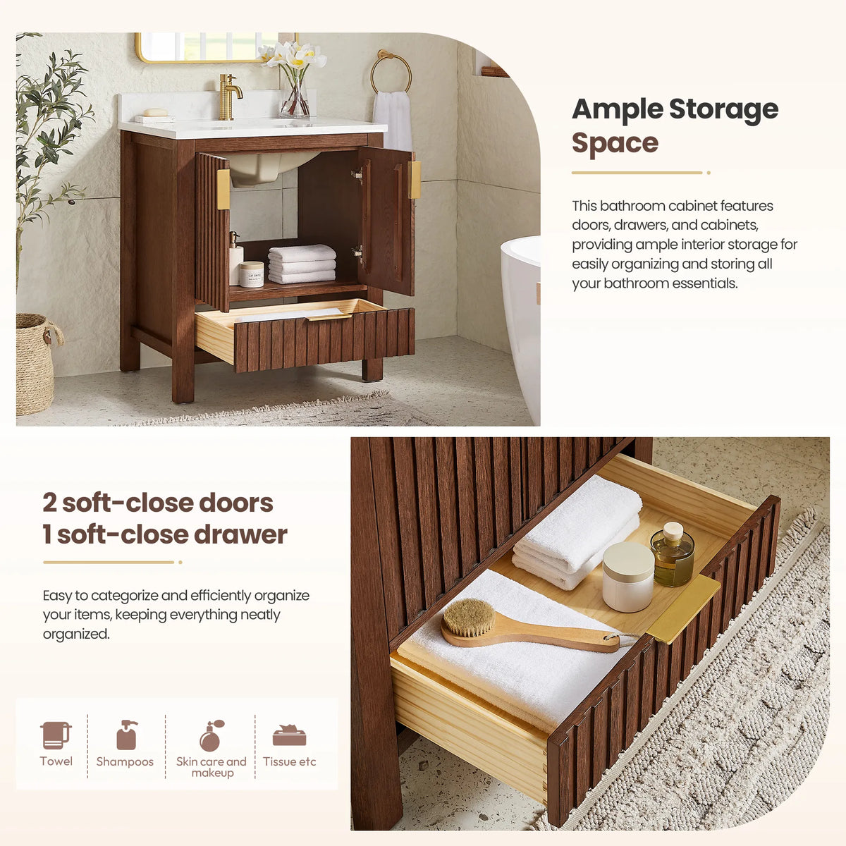 Doors and a drawer on the 30-inch Aged Dark Brown Oak cabinet, with sample items stored inside
