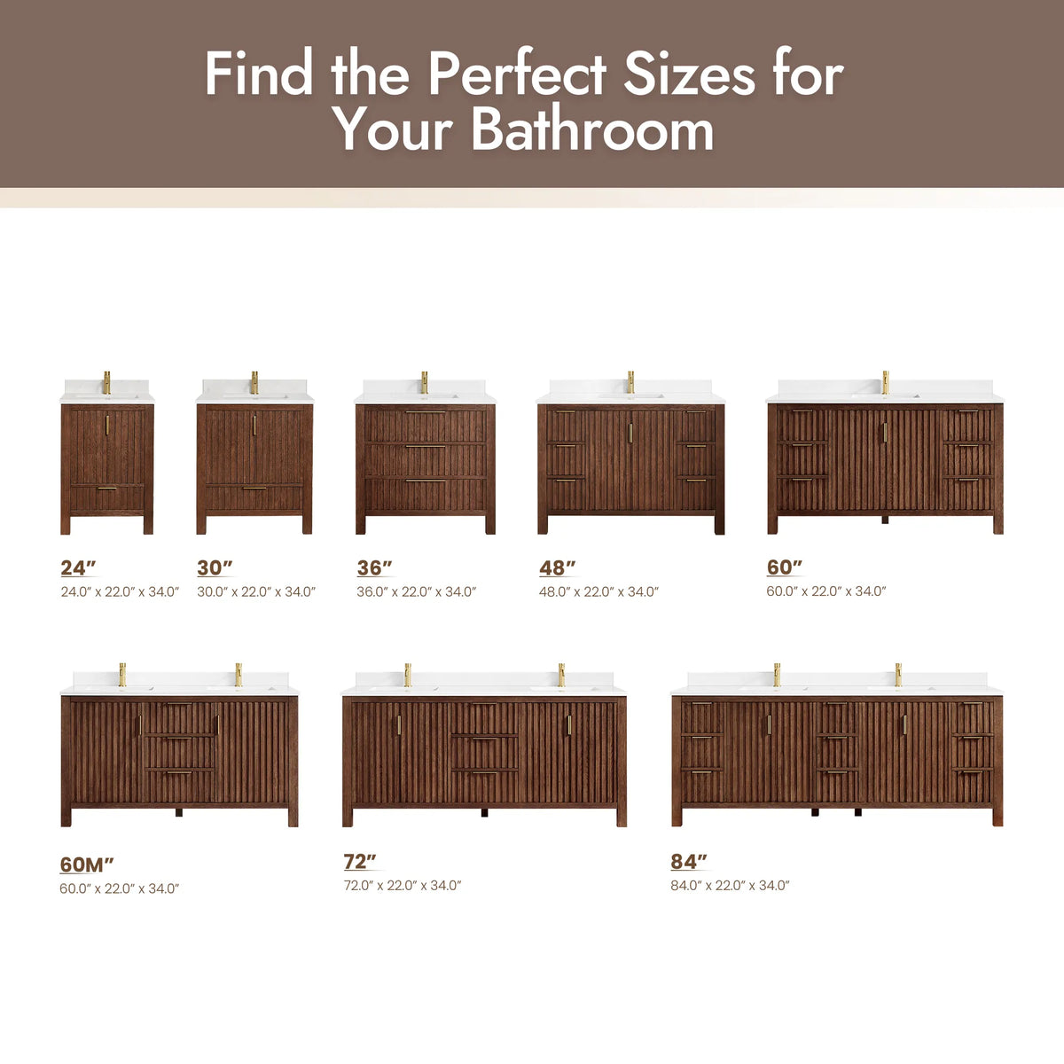Size guide with the line's vanities in two rows, each labeled with its width, including this 30-inch size