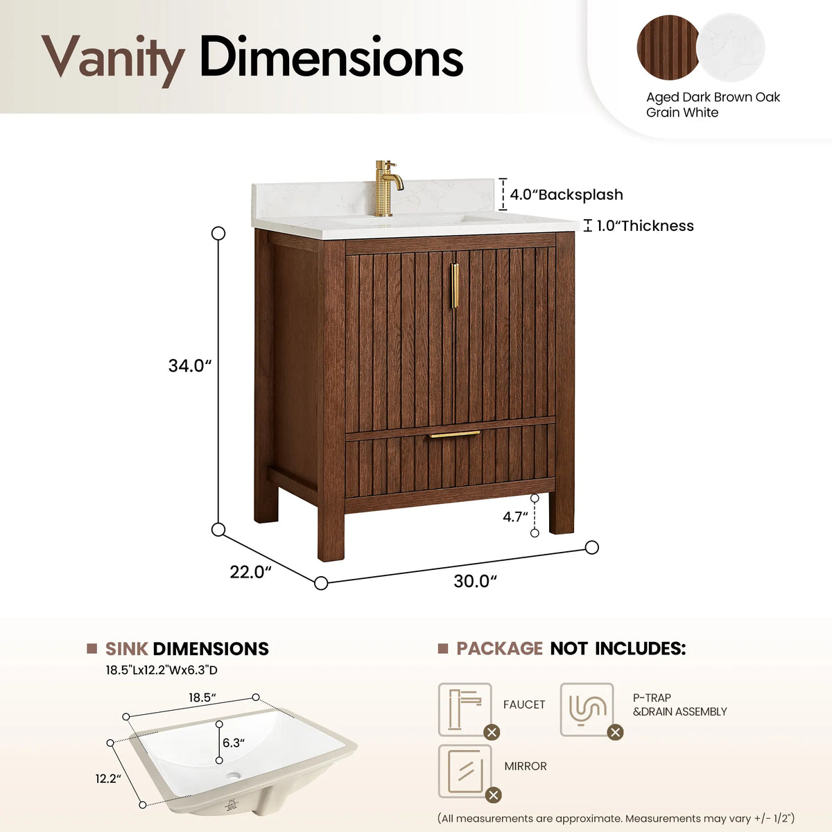 Size diagram for the 30-inch Aged Dark Brown Oak cabinet: 30 by 22 by 34 inches (plumbing parts and mirror not included)