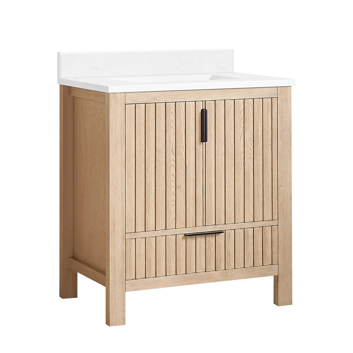 Plain white backdrop behind a 30-inch single bathroom vanity: Aged Natural Oak cabinet, white composite stone countertop