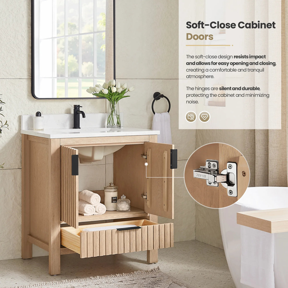 Hinge close-up beside the open doors of the 30-inch Aged Natural Oak vanity: quiet soft-close action
