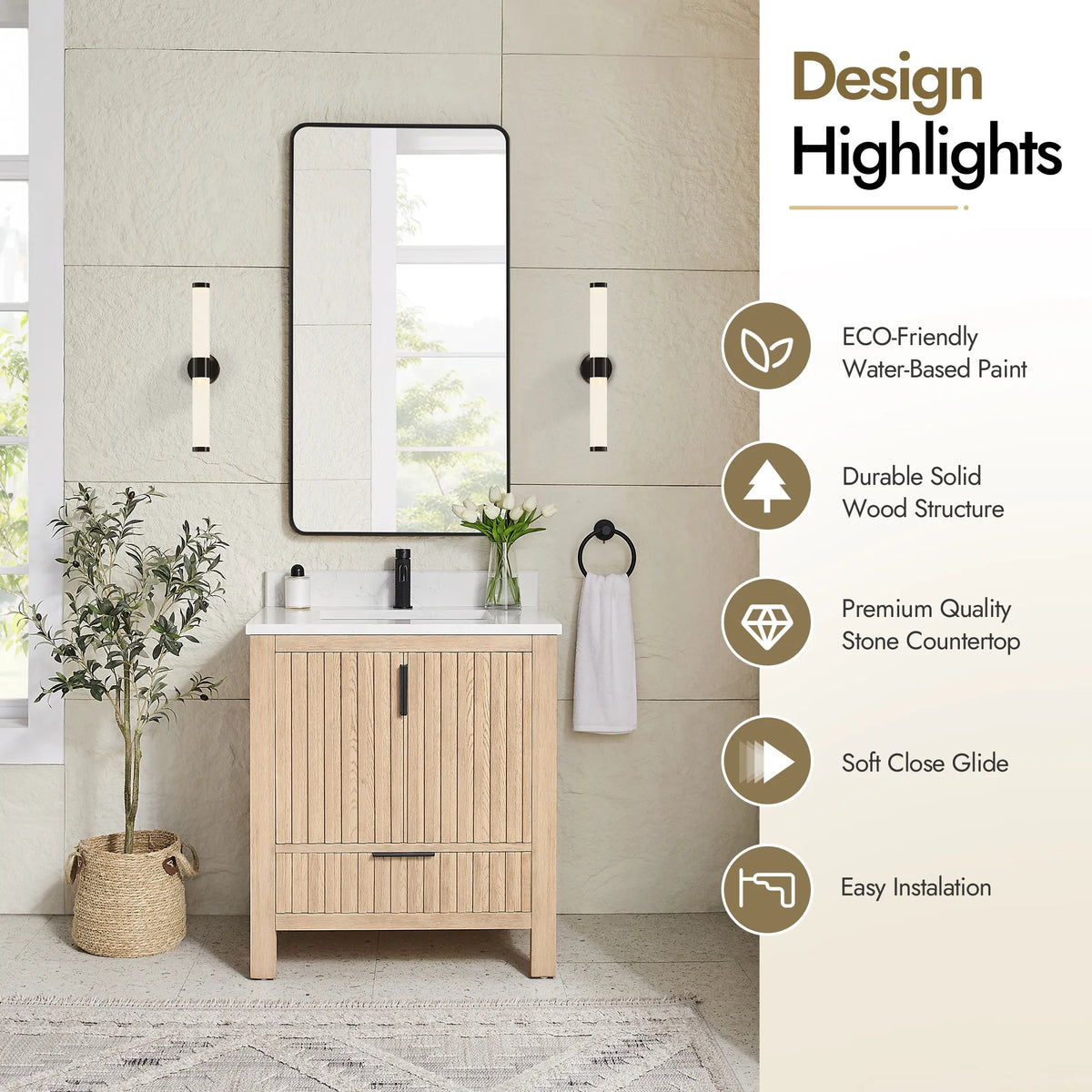 Styled bathroom with a list of design highlights next to the 30-inch Aged Natural Oak cabinet