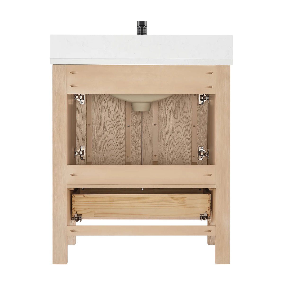 Interior of a 30-inch cabinet in Aged Natural Oak against white, drawer boxes and open compartments