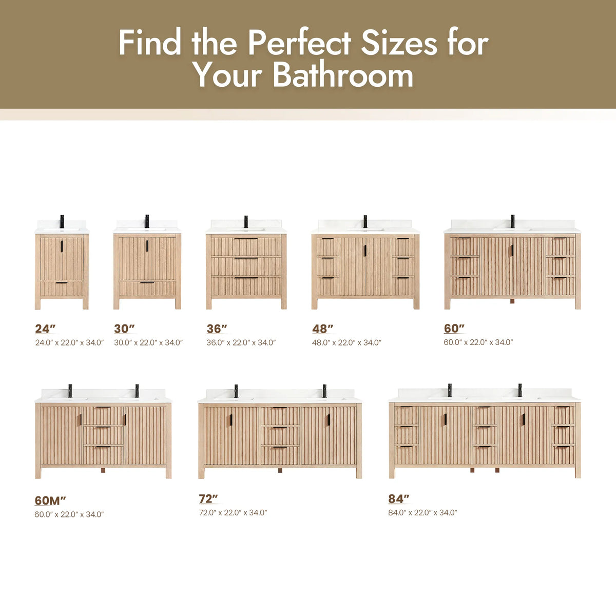Size guide with the line's vanities in two rows, each labeled with its width, including this 30-inch size