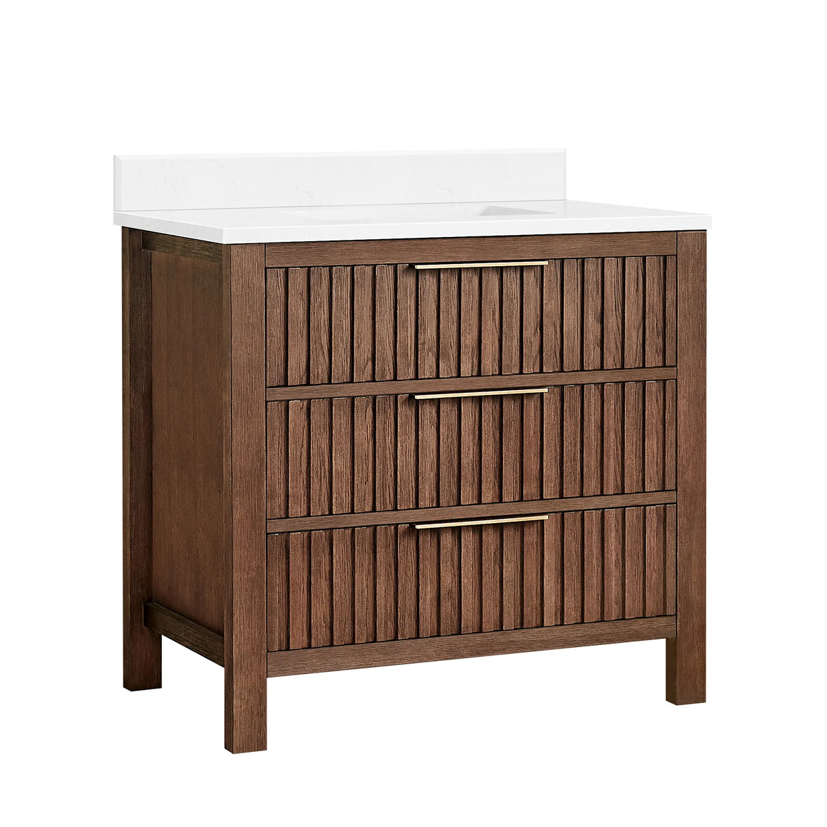 Plain white backdrop behind a 36-inch single bathroom vanity: Aged Dark Brown Oak cabinet, white composite stone countertop
