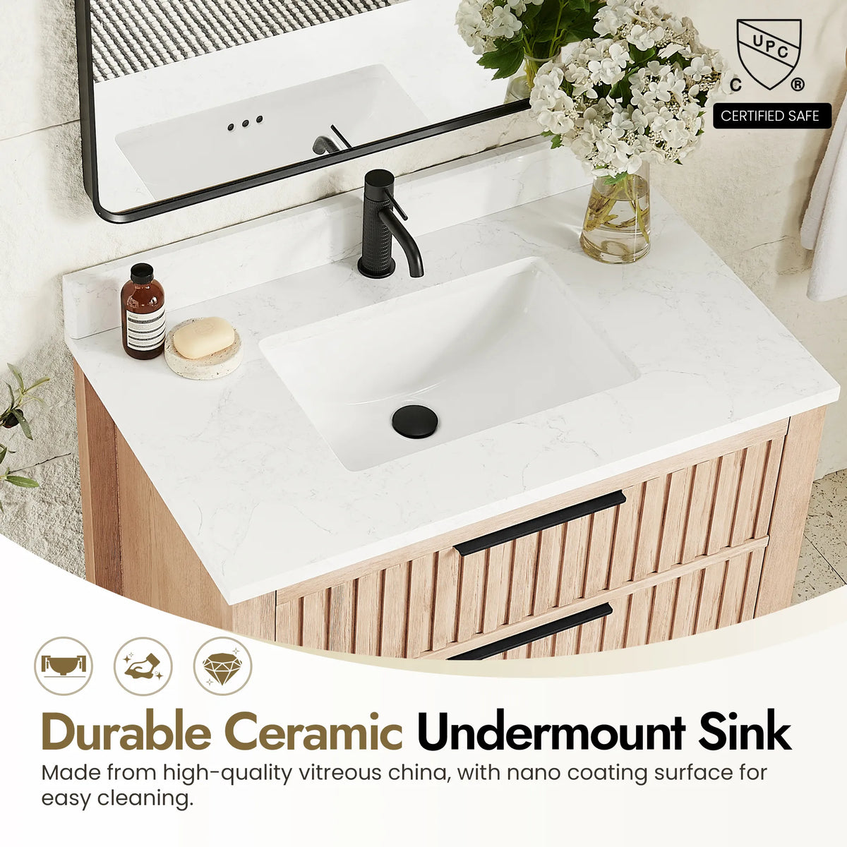 Ceramic basin with an easy-clean nano coating on the 36-inch Aged Natural Oak cabinet