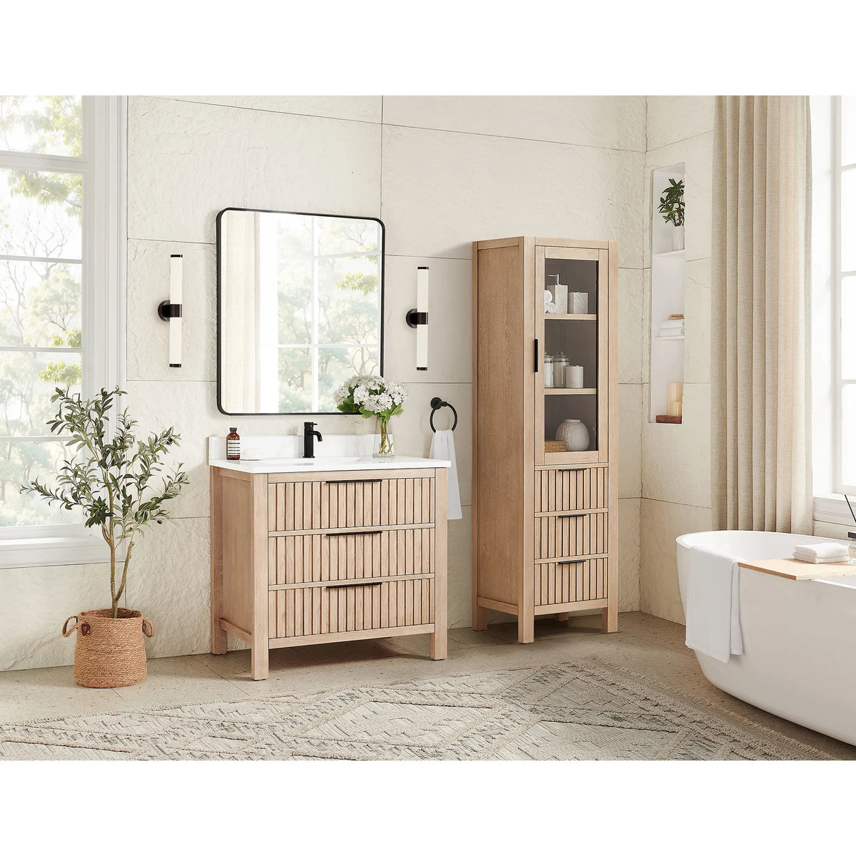 Sunlit bathroom, 36-inch vanity in Aged Natural Oak, the extra tall cabinet shown is not part of the product