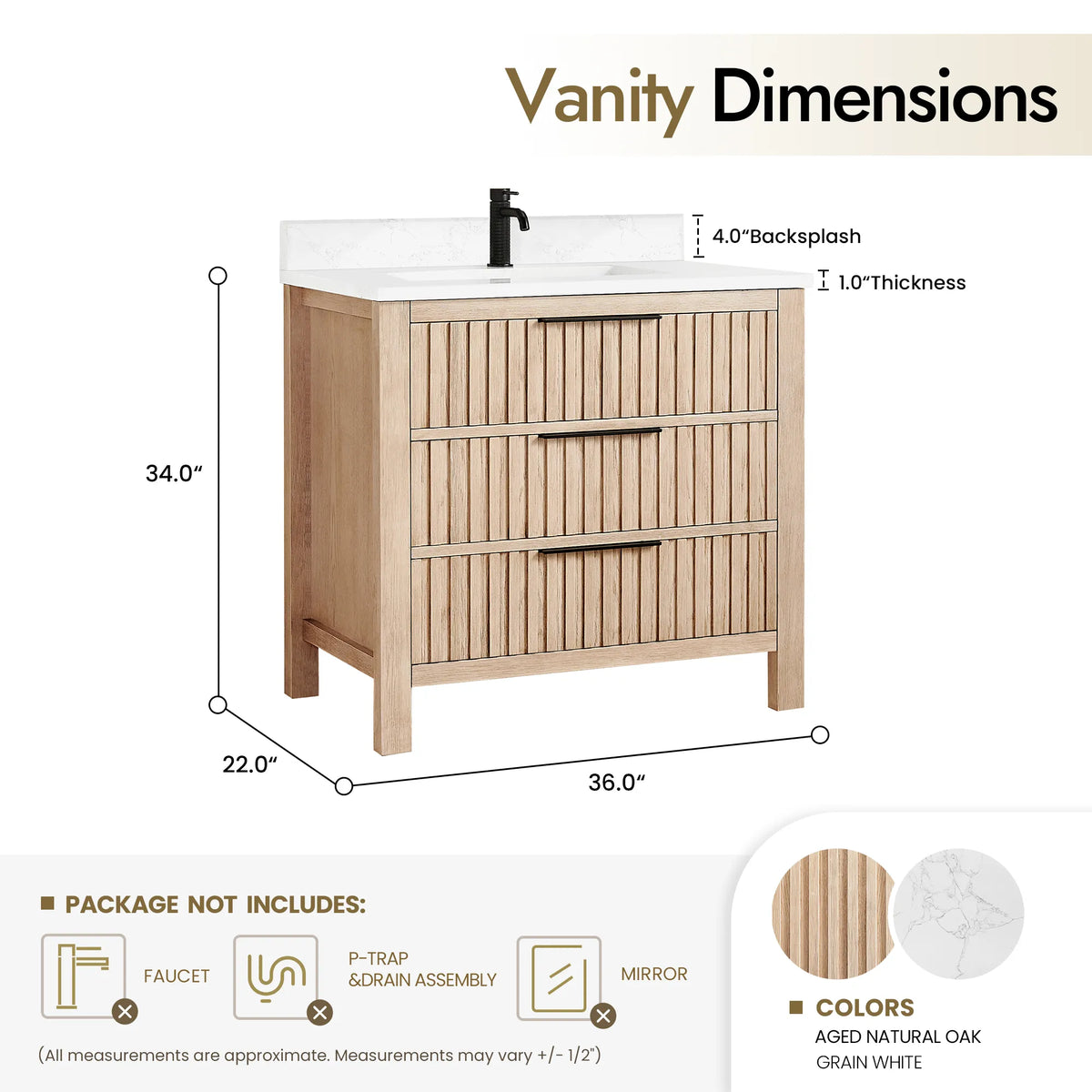 Spec drawing for the 36-inch Aged Natural Oak vanity: 36 W x 22 D x 34 H inches, 4 inch backsplash