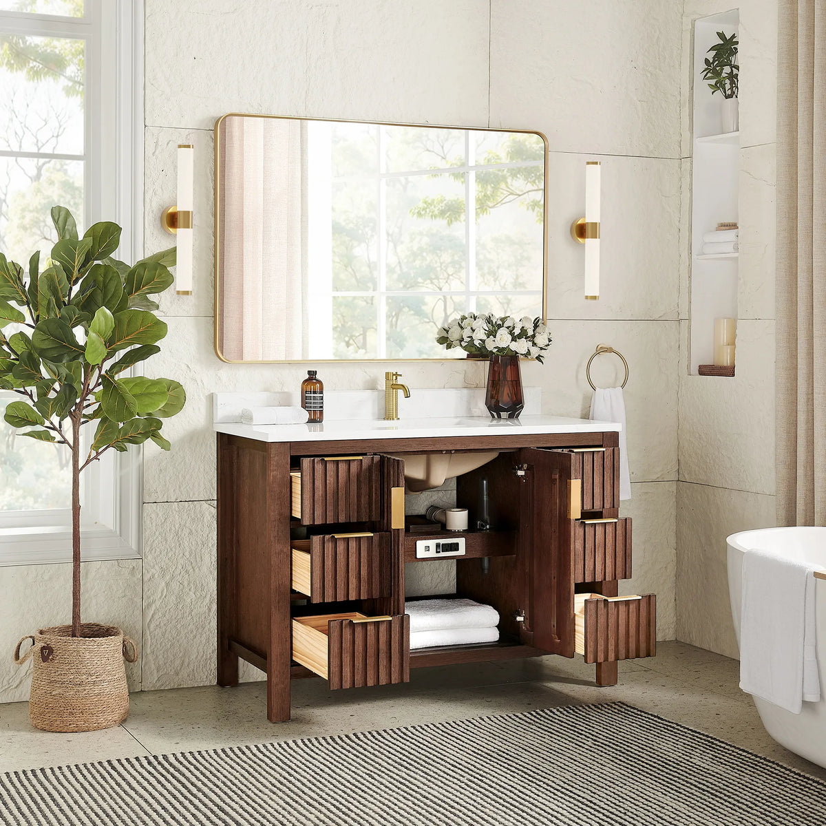 Inside storage in a staged room: doors and drawers open on the 48-inch Aged Dark Brown Oak cabinet