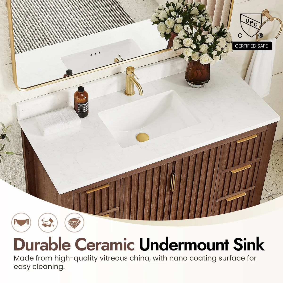 Ceramic basin with an easy-clean nano coating on the 48-inch Aged Dark Brown Oak cabinet